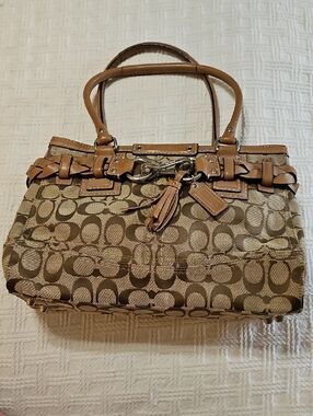 Coach Tan Signature Canvas Satchel with Leather Trim and Tassel